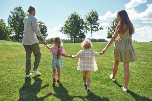 Back view of happy family with little kids, boy and girl holding hands together and walking on green grass field in the park on a summer day - Fotoğraf, Görsel