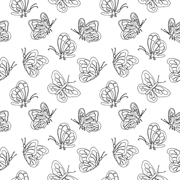 Fluttering butterflies drawn in a single line. Seamless texture. - ベクター画像