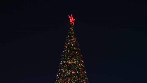 Újévi koszorúk és karácsonyi díszek a fán, piros csillag, lufik az utcán - Felvétel, videó