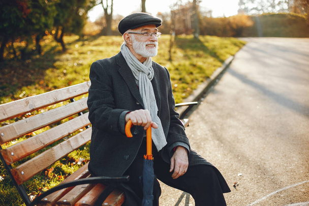 Elegant old man in a sunny autumn park - Foto, Imagen