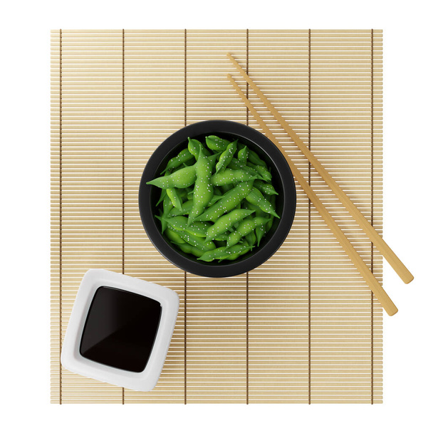 Fèves de soja 3D Edamame, baguettes, sauce soja sur un tapis de bambou, vue de dessus sur un fond blanc, rendu 3d - Photo, image