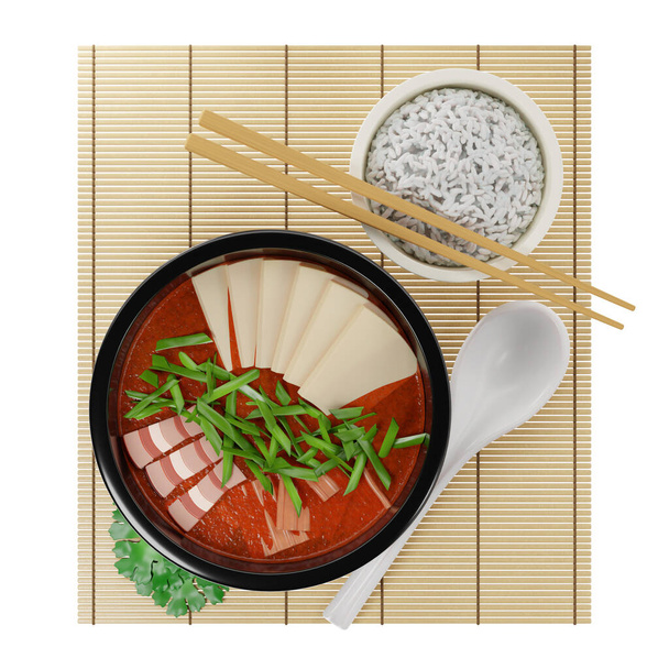 3d traditionelle koreanische Suppe Kimchi mit Fleisch, garniert mit Tofu und grünen Zwiebeln. Serviert mit einem Teller Reis, auf einer Bambusmatte. Draufsicht auf weißem Hintergrund, 3D-Rendering - Foto, Bild