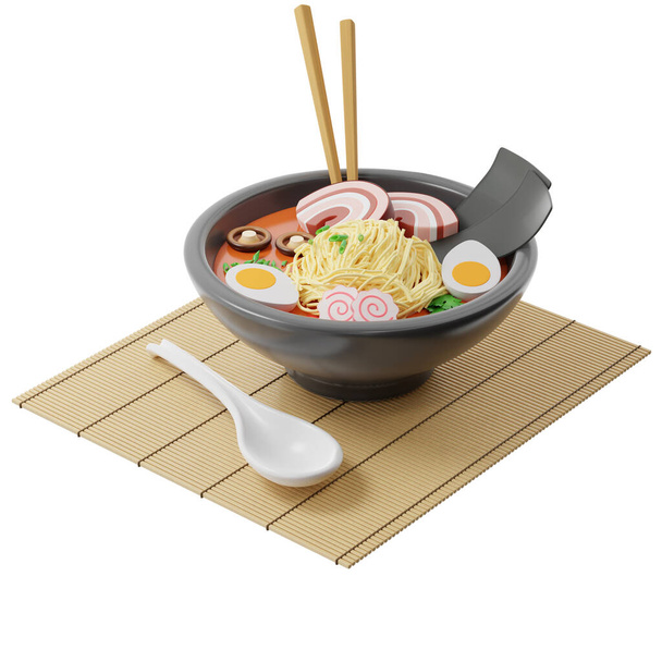 3D Japán Ramen leves kerek tányéron bambusz szőnyegen, evőpálcikák a levesben, kanál mellett, izometrikus kilátás fehér alapon, 3D-s renderelés - Fotó, kép