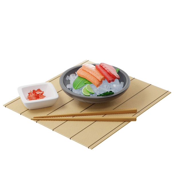 Sashimi 3D con atún y salmón en hoja de bambú en plato lleno de hielo en una estera de bambú, cerca de palillos y jengibre en escabeche, vista isométrica sobre un fondo blanco, representación 3d - Foto, imagen