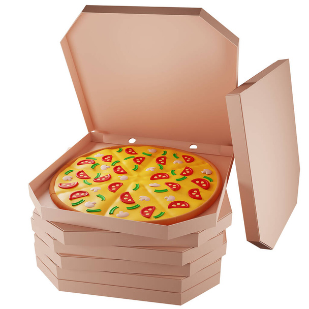 Scatole di cartone 3d con pizza, molta pizza, consegna pizza, illustrazione isolata su sfondo bianco, rendering 3d - Foto, immagini