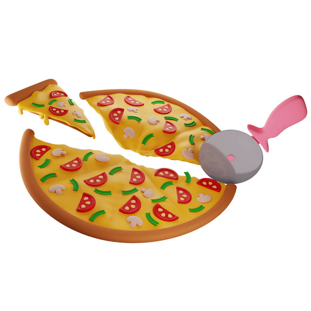 pizza 3d com cogumelos cortados com uma faca de pizza em diferentes ações, conceito de pagamento de dividendos, ilustração isolada em um fundo branco, renderização 3d - Foto, Imagem