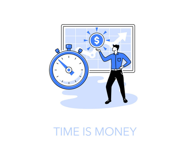 Εικονογράφηση του χρόνου είναι τα χρήματα σύμβολο με ένα χρονόμετρο και διευθυντής κρατώντας ένα δολάριο κέρμα. Εύκολο στη χρήση για την ιστοσελίδα ή την παρουσίασή σας. - Διάνυσμα, εικόνα