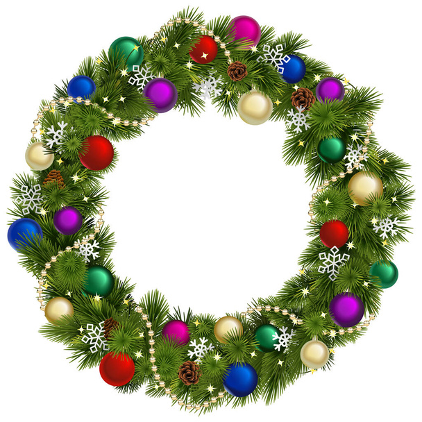 Vector Christmas Wreath with Colorful Baubles isolated on white background - Vector, Image