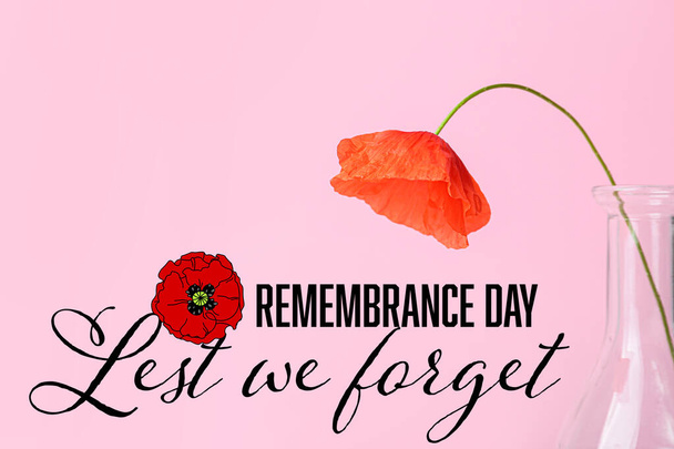Flor de amapola roja en jarrón sobre fondo de color. Día del Recuerdo en Canadá - Foto, Imagen