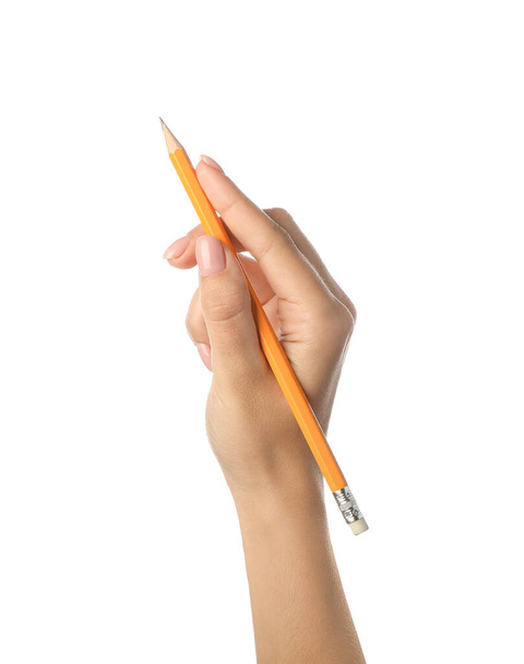 Woman with pencil on white background - Photo, Image