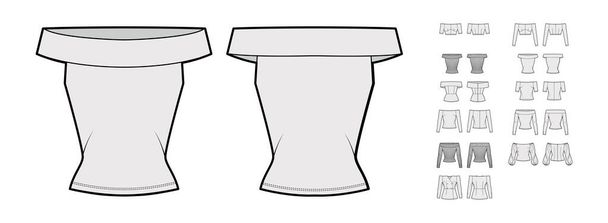 Ensemble de hauts de chemises off-the-shoulder, chemisiers illustration de mode technique avec corps ajusté, coude court manches longues - Vecteur, image