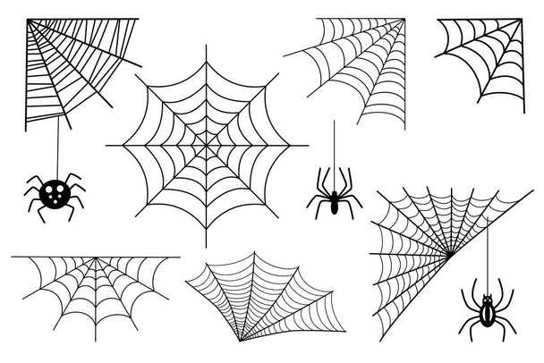 クモの巣セット。漫画スパイダーウェブコレクションセット。ハロウィン用クモの巣のセット - ベクター画像