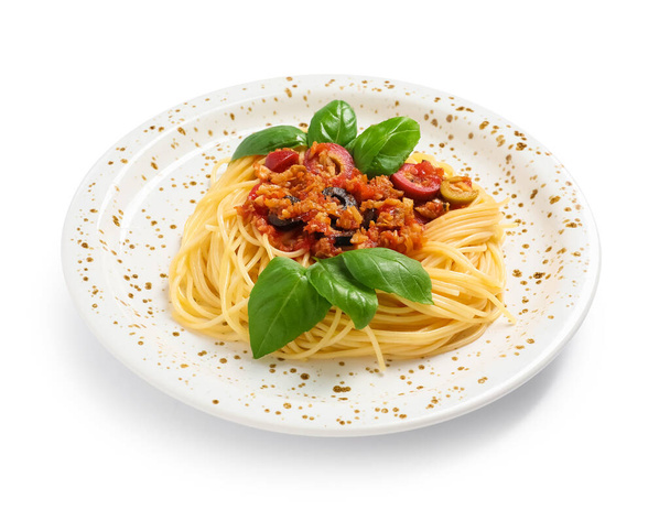 Plate of tasty Pasta Puttanesca on white background - Photo, Image