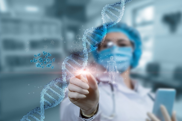 DNA molecule research testing concept. Doctor examines a medical sample on a blurred background. - Fotografie, Obrázek