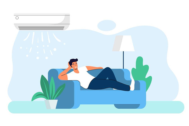 Home Air Conditioning Climate Control concept Hauskühlung Comfort living Junger Mann ruht zu Hause auf der Couch mit der Klimaanlage auf Air Cooling Vector Grafik Illustration. Digitale Technologie - Vektor, Bild