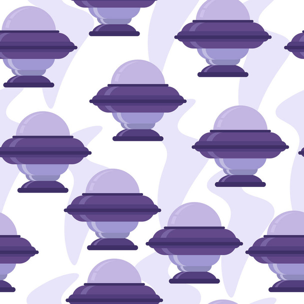 Naadloos patroon van UFO ruimteschepen in paarse tinten in cartoon stijl, vliegende objecten en abstracte vlekken op een witte achtergrond vector illustratie - Vector, afbeelding