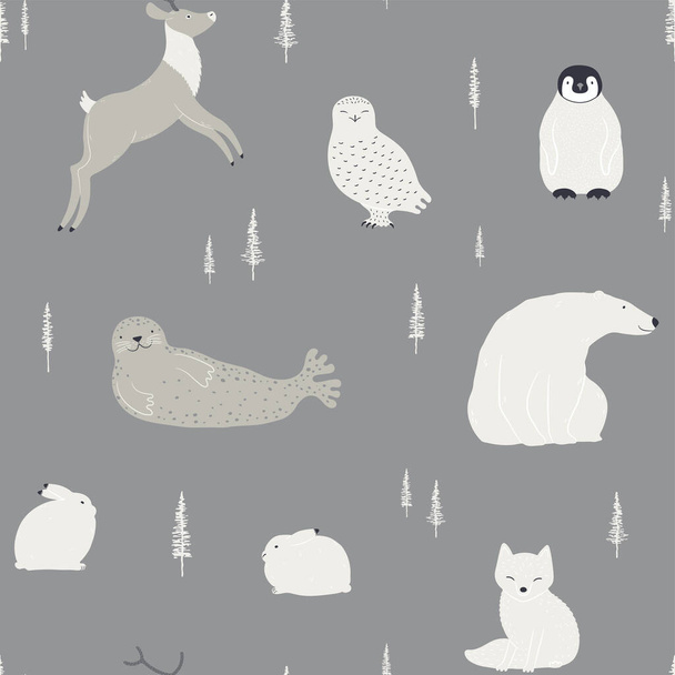 Χαριτωμένα πολικά ζώα, δέντρα χειμώνα αδιάλειπτη μοτίβο - Διάνυσμα, εικόνα