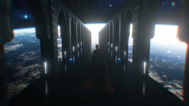 Muž oblečený do látky kráčející vesmírnou sci-fi chodbou s neonovým osvětlením. Ať planeta Země. Fantastický koncept budoucnosti. Koncept lidského poznání vesmíru. 3D animace - Záběry, video