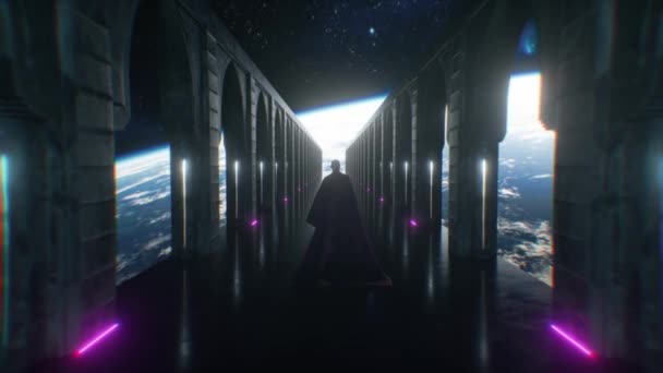 ネオンの照明で宇宙科学の廊下を歩いて布に身を包んだ男。地球を放せ。未来の素晴らしい概念。宇宙の人間の認識の概念。3Dアニメーション - 映像、動画