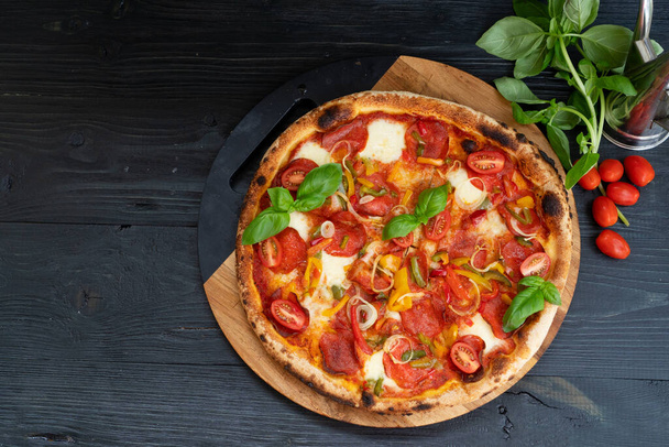 Pizza with salami and tomatoes - Photo, image
