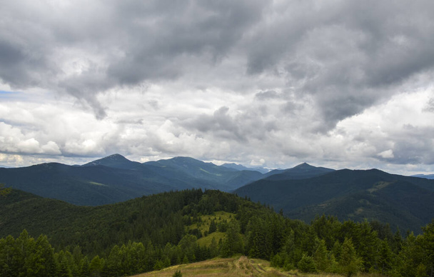 Una vista panorámica del paisaje de las montañas, bosque, prados y pastos en el fondo con un cielo nublado que cubre la cresta de los Cárpatos, Ucrania - Foto, imagen