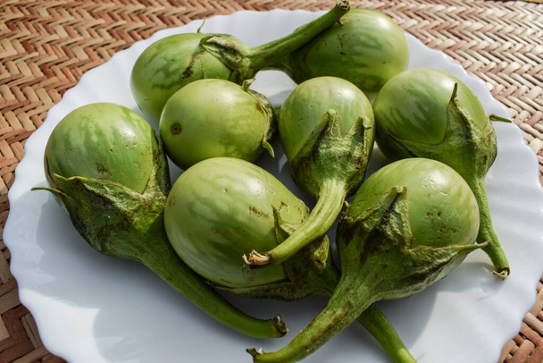 Fresh round light light small to medium sized Brinjals or eggplants close seup. Свежесобранные индийские овощи зеленые баклажаны. - Фото, изображение