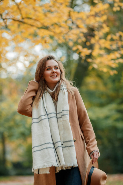 Portrait of a young woman in an autumn park. Fall. - Foto, afbeelding