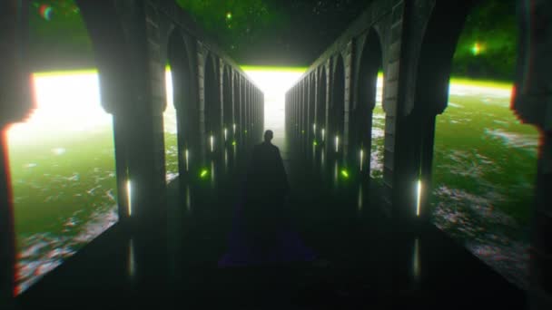Um homem vestido de pano a caminhar por um corredor de ficção científica espacial com iluminação de néon. Deixem o planeta Terra. Fantástico conceito do futuro. O conceito de cognição humana do espaço. animação 3d - Filmagem, Vídeo