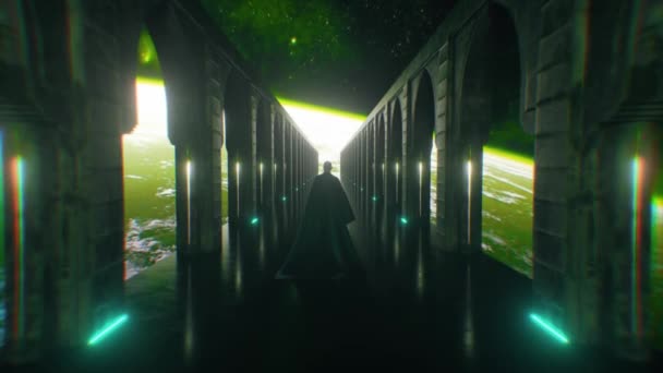 Un hombre vestido de tela caminando por un pasillo de ciencia ficción espacial con iluminación de neón. Deja que el planeta Tierra. Fantástico concepto del futuro. El concepto de cognición humana del espacio. animación 3d - Metraje, vídeo