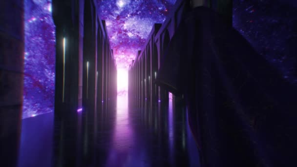 Kumaş giymiş bir adam neon ışıklı bir uzay bilim kurgu koridorunda yürüyor. Dünya gezegenine izin ver. Geleceğin fantastik konsepti. Uzayın insan algısı kavramı. 3d canlandırma - Video, Çekim