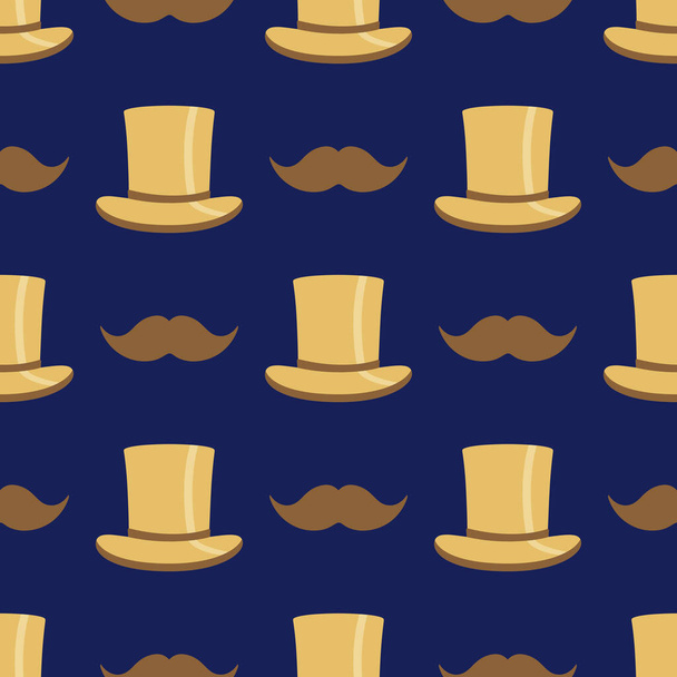 Seamless pattern with a stylish vintage men's accessories: top hat and mustache. Trendy dark blue and golden colors - ベクター画像