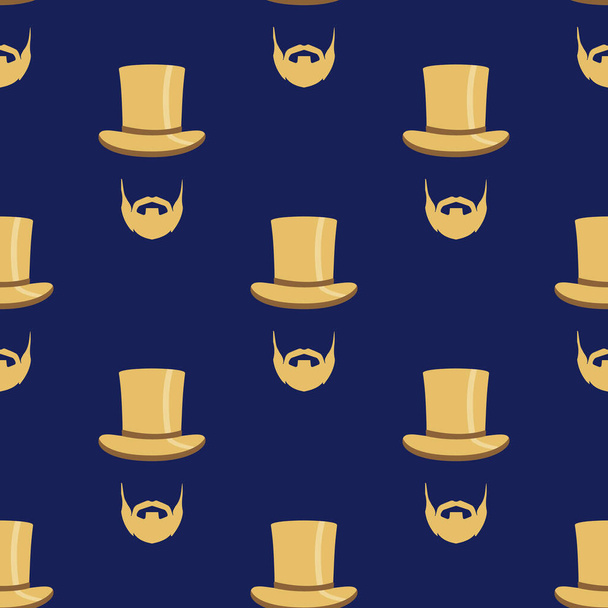 Seamless pattern with a stylish gentleman with top hat and beard. Trendy dark blue and golden colors - Vector, Imagen