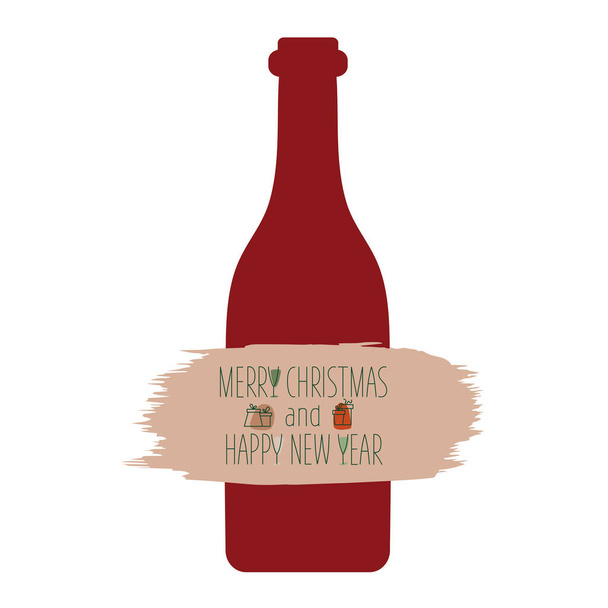 Feliz Navidad y Feliz Año Nuevo con botella en colores boho. Ilustración de stock vectorial aislada sobre fondo blanco para felicitación de diseño de plantilla, tarjeta de felicitación, invitación. EPS10 - Vector, imagen