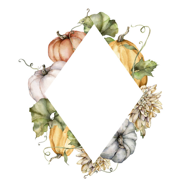Watercolor rhombus frame of pumpkins and dahlias. Hand painted autumn composition of gourds and flowers isolated on white background. Botanical illustration for design, print, background. - Valokuva, kuva