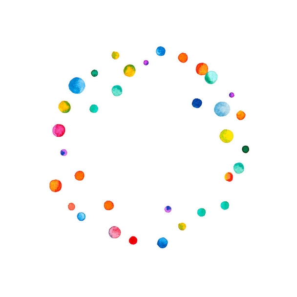 Watercolor confetti on white background. Admirable rainbow colored dots. Happy celebration square colorful bright card. Graceful hand painted confetti. - Φωτογραφία, εικόνα