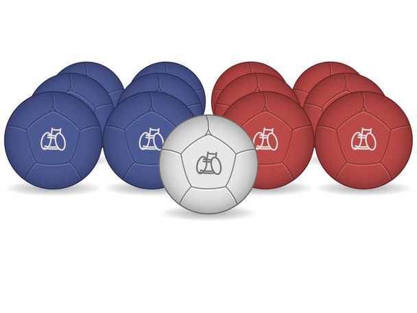 para urheilu paralympialaiset boccia, kaksi sarjaa kuusi palloa, punainen ja sininen myös valkoinen tavoite pallo pyörätuoli symboli 3D, eristetty valkoisella pohjalla - Vektori, kuva