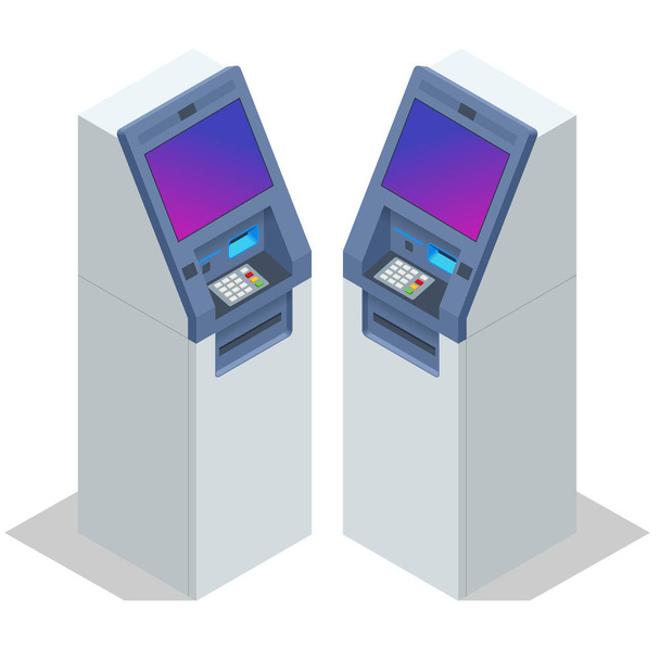 Isometric ATM service machine of a bank. Automated teller machine. Cash machine. - Vettoriali, immagini