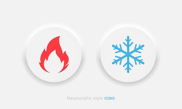 Ζεστό και κρύο διανυσματικό εικονίδιο σε πνευμονικό ύφος. Κουμπιά φωτιάς και χιονιού στο σχεδιασμό neumorphism ui για κινητές ή επιτραπέζιες εφαρμογές Διάνυσμα EPS 10 - Διάνυσμα, εικόνα