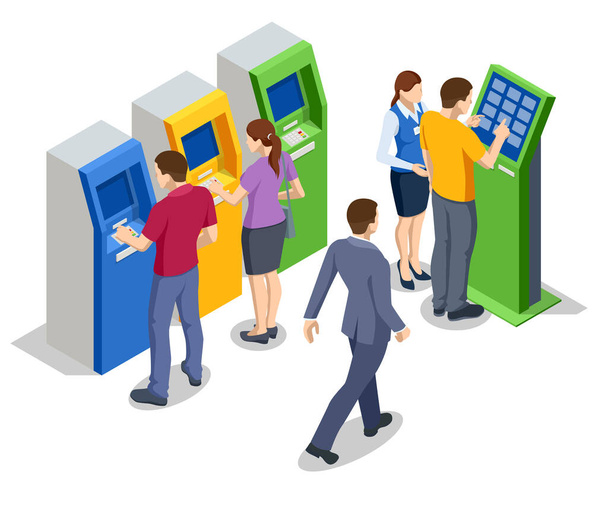 Isometric people waiting for the credit card inserting from ATM Machine. ATM service machine of a bank. Automated teller machine - Vettoriali, immagini