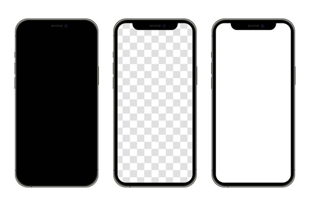 現実的なスマートフォンのモックアップを設定します。携帯電話のブランク、白、透明画面デザイン。現代のデジタルデバイステンプレート。携帯電話の表示フロントビューをモックアップ。黒い枠だ。分離ベクトル図 - ベクター画像