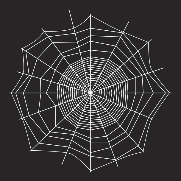 Witte draden spinnenweb op donkere achtergrond. Zwart-wit ontwerp. Spiderweb silhouet grafisch. Cobweb omtrek op zwarte muur. Halloween thema. Netwerk, val en gevaar, eng, arachnid symbool. - Vector, afbeelding