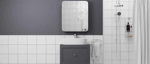 Moderni kylpyhuoneen sisustus suihkualtaalla, suihkuverholla, altaalla, kaapilla, peilillä, pyyhkeellä, shampoopulloilla. 3d renderöinti, 3d kuva - Valokuva, kuva