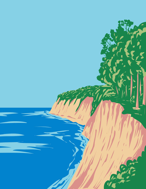 Affiche Art déco ou WPA du Parc National de Jasmund avec falaises de craie et littoral sur la péninsule de Jasmund dans le Mecklembourg-Poméranie Occidentale, Allemagne fait dans le style d'administration de projet de travaux. - Vecteur, image