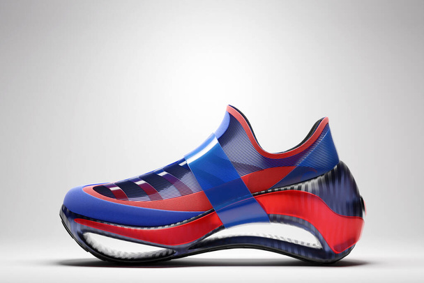 3D-Illustration von rot-blauen Turnschuhen mit Schaumstoffsohle und Verschluss auf weißem Hintergrund. Sneakers Seitenansicht. Modische Turnschuhe. - Foto, Bild