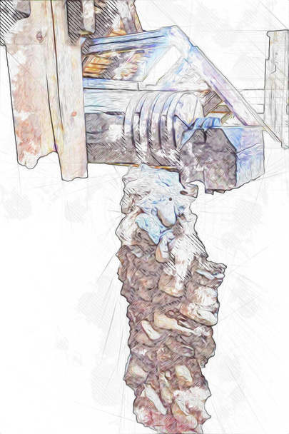 Steppe molen, Watermolen Wheel Winter Landschap Lueneburg Heath, middeleeuwse oude geschiedenis kunst illustratie retro vintage antieke schets - Foto, afbeelding