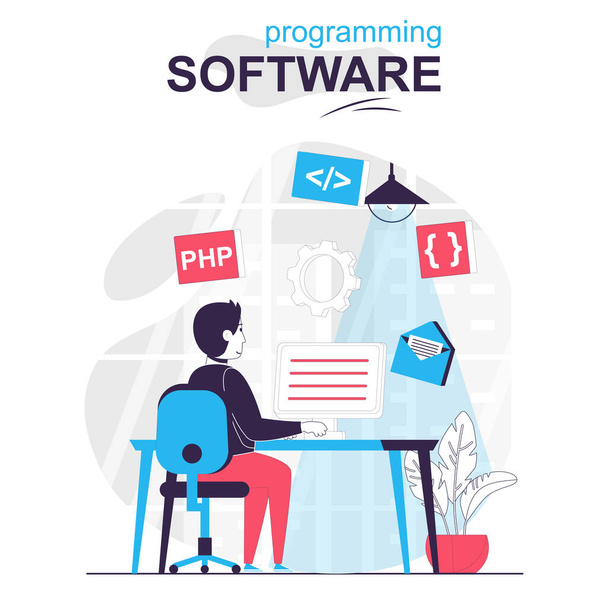Programming software isolated cartoon concept. Developer programs in php language at computer people scene in flat design. Vector illustration for blogging, website, mobile app, promotional materials. - Vector, Image