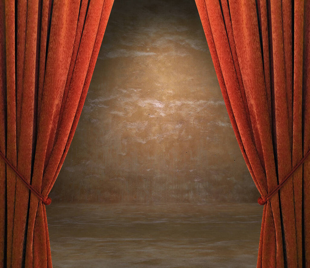 viejo interior con cortinas rojas, muro de hormigón - Foto, Imagen