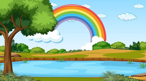 Natuur scene achtergrond met regenboog in de lucht illustratie - Vector, afbeelding