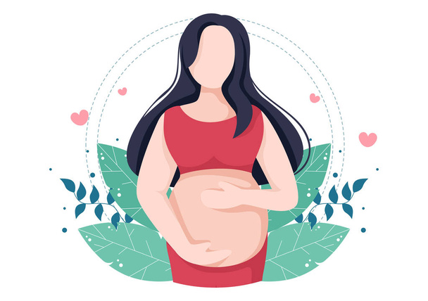 Kobieta w ciąży z przytula jej brzuch lub matka Czekając na dziecko w stylu płaskiej kreskówki Tło liści wektor ilustracji - Wektor, obraz