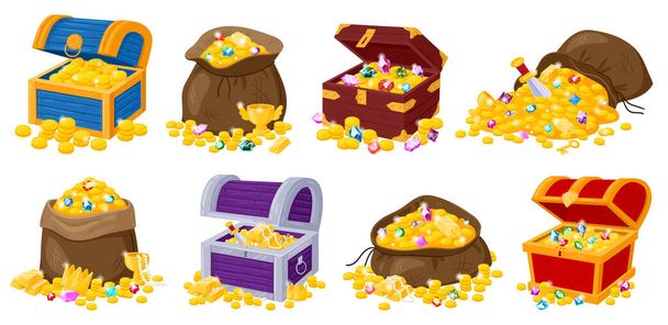 Cartoon pirate wooden chests, fabric bags with golden treasures and gemstones. Pirate treasure of gold, trunk full of golden coins vector illustration set. Gold treasures - Vector, Image